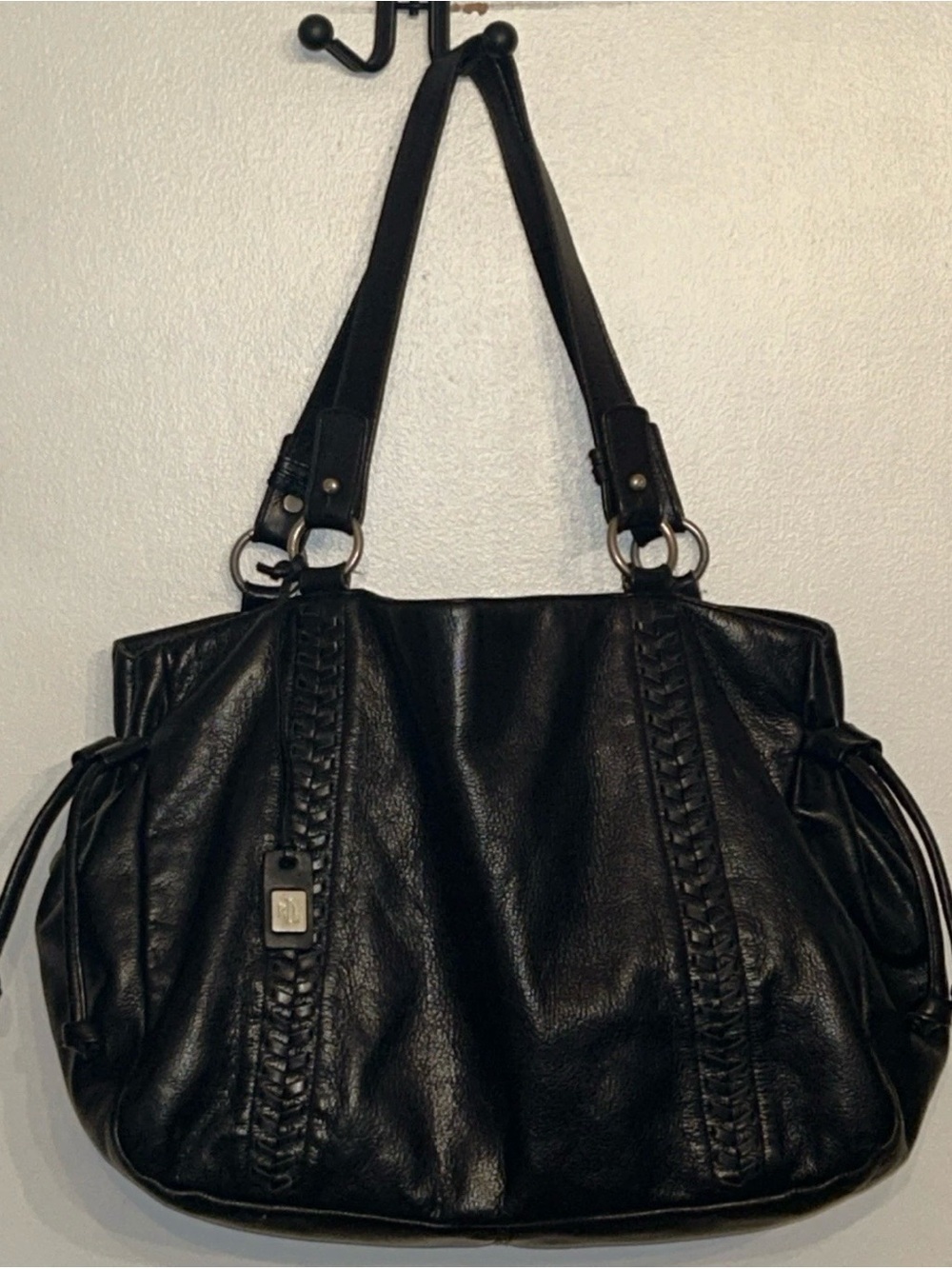 Lauren Ralph Lauren Black Leather Shoulder Drawstring Hobo Bag Braided Detail